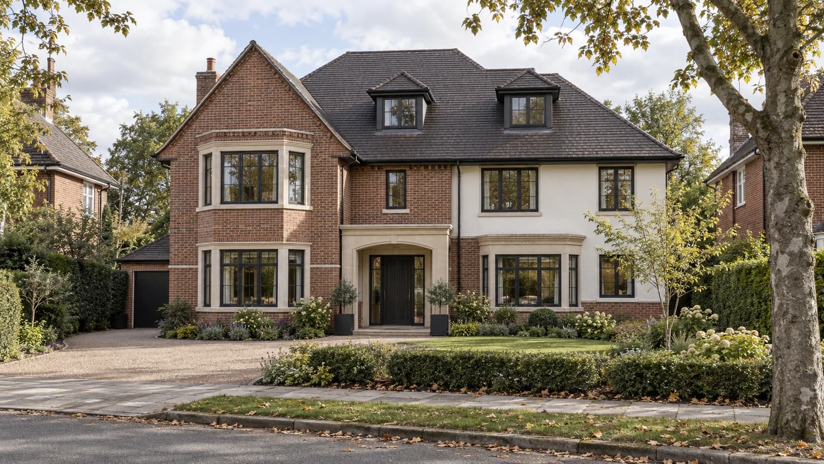 Architectural visualisation of a brick-and-render detached home in a leafy Birmingham suburban setting
