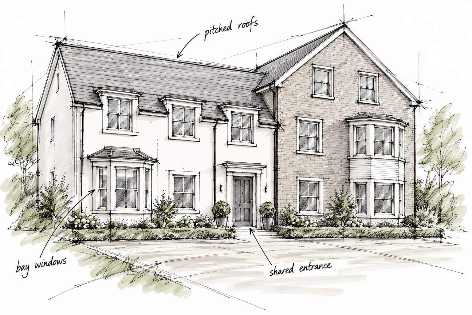 Loose architectural concept sketch of the Cornwall apartment building, showing its pitched roofs, dormer windows, projecting bays and shared entrance