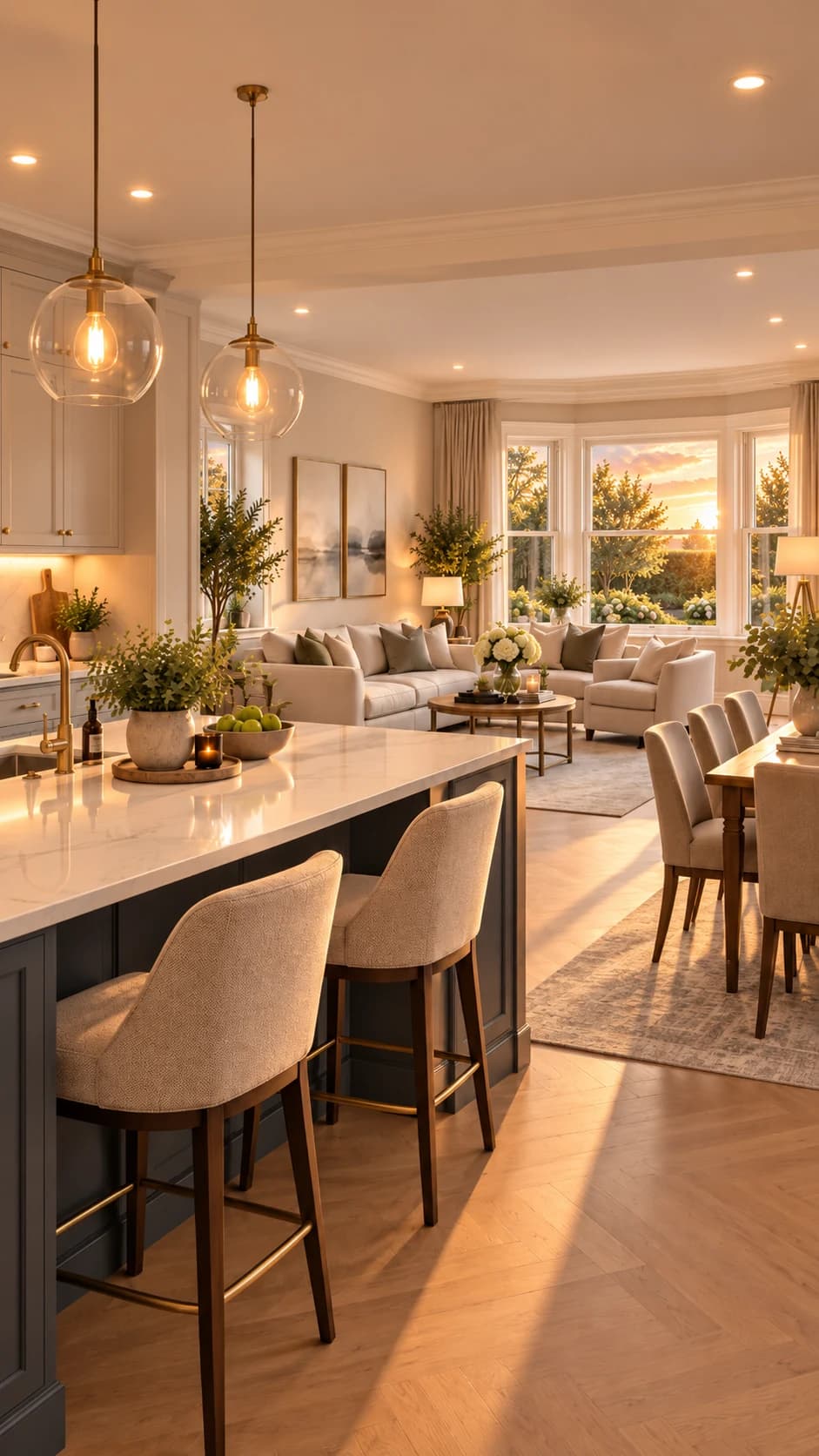 Cornwall apartment interior visualisation with an open-plan kitchen, dining space and bay-window sitting area in warm evening light