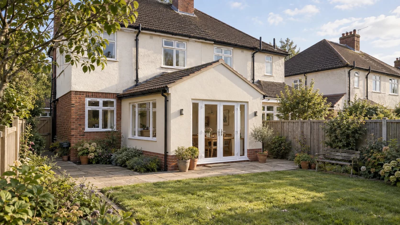 Hall Green dining-extension design proposal with cream render, a brick plinth, a tiled gable roof and white French doors