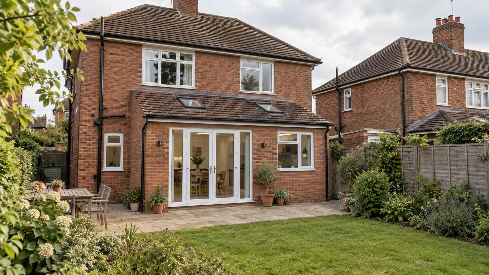 Harborne rear-extension design proposal with red brick walls, a tiled lean-to roof, two rooflights and white French doors