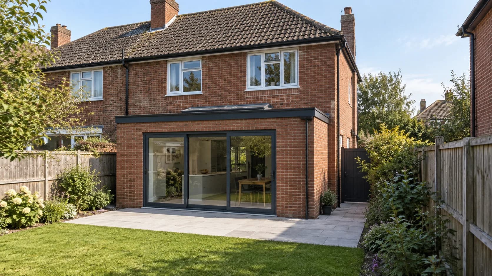 Kings Heath kitchen-extension design proposal with red brick, a simple flat roof, rooflight and dark-framed sliding doors