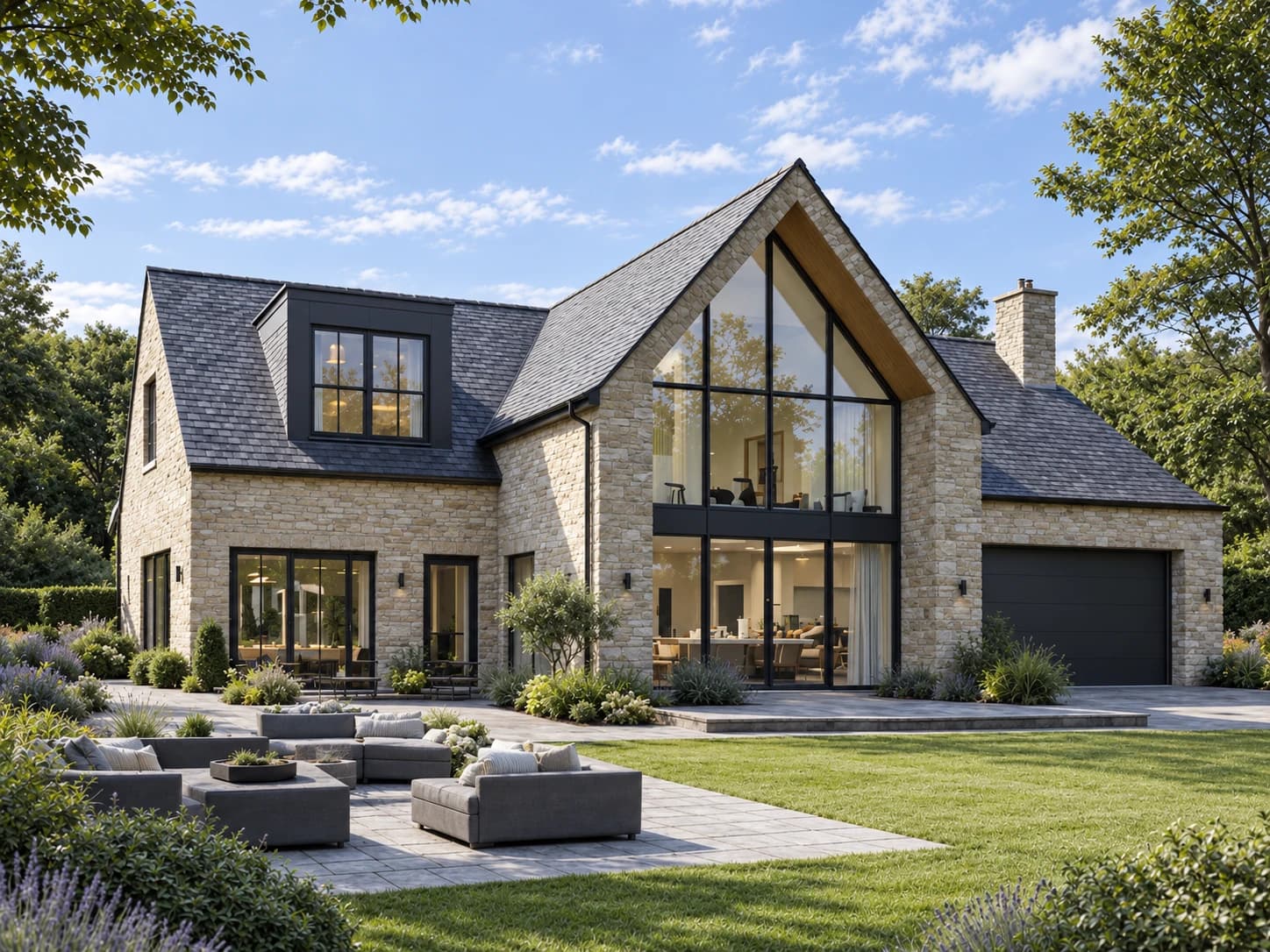 Architectural visualisation of a renovated stone house in Shropshire with a double-height glazed gable, dark dormer and garden terrace