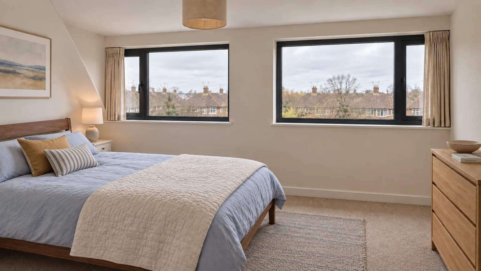 Proposed Solihull loft bedroom with a timber double bed, pale blue bedding and two dark-framed dormer windows