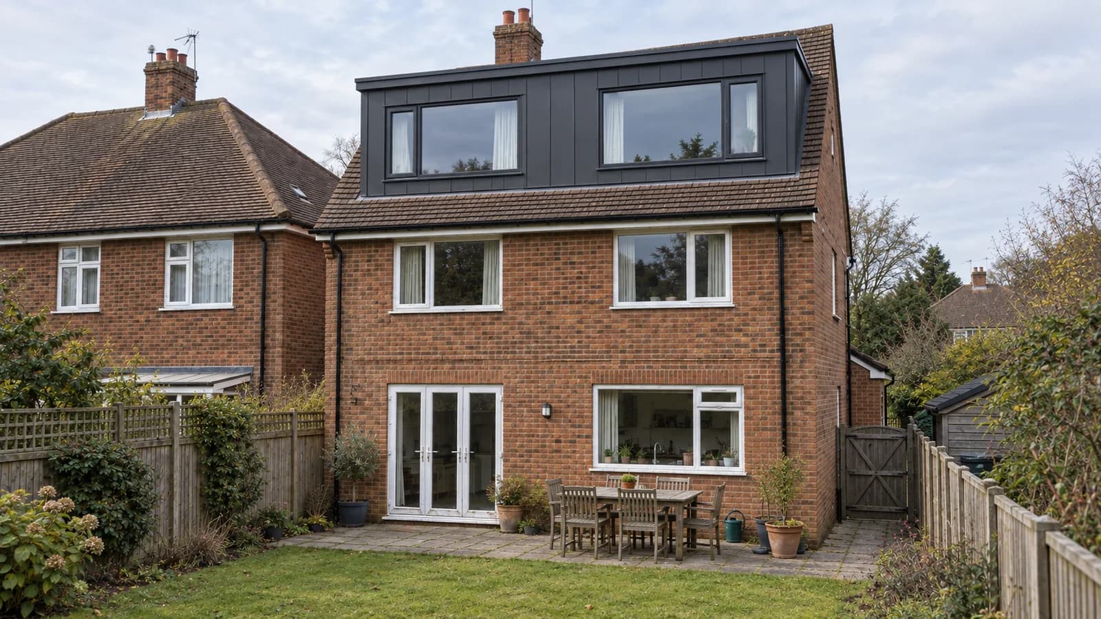 Modern full-width rear dormer in Solihull with charcoal standing-seam cladding and two wide dark-framed windows