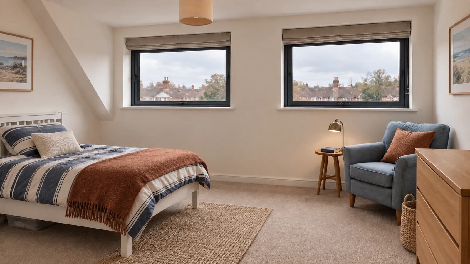 Proposed Stourbridge loft guest room with a white single bed, striped bedding and a blue reading chair
