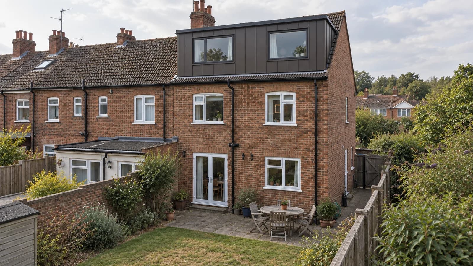 Stourbridge end-terrace home with a proposed full-width rear dormer in bronze-toned metal cladding and two dark-framed windows