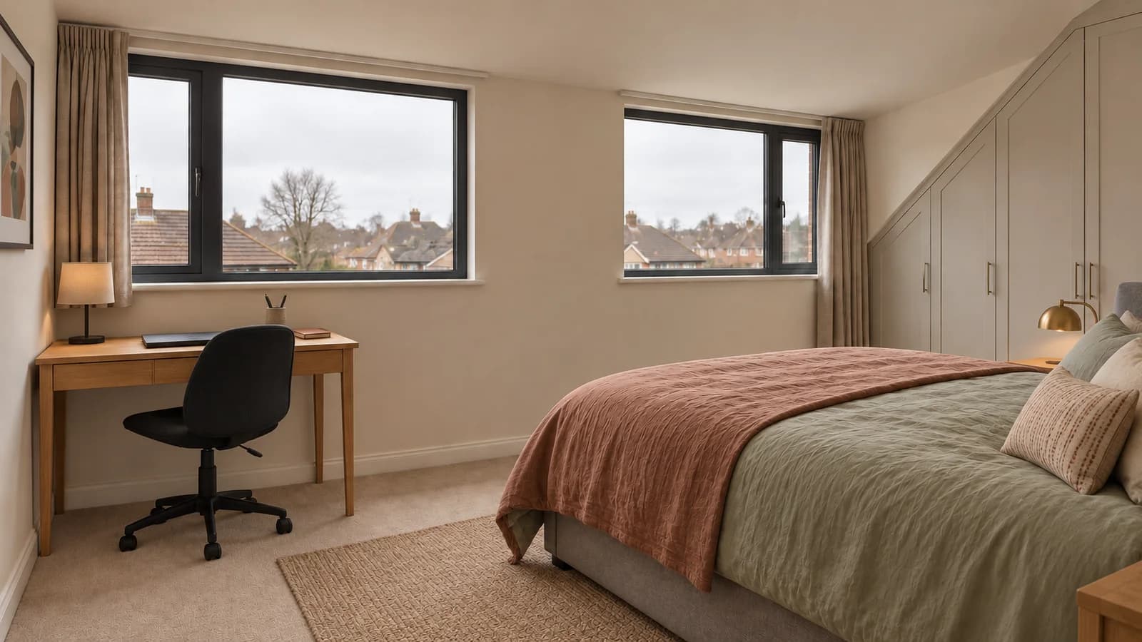 Proposed Sutton Coldfield loft bedroom with a grey upholstered bed, sage bedding, a desk and fitted storage