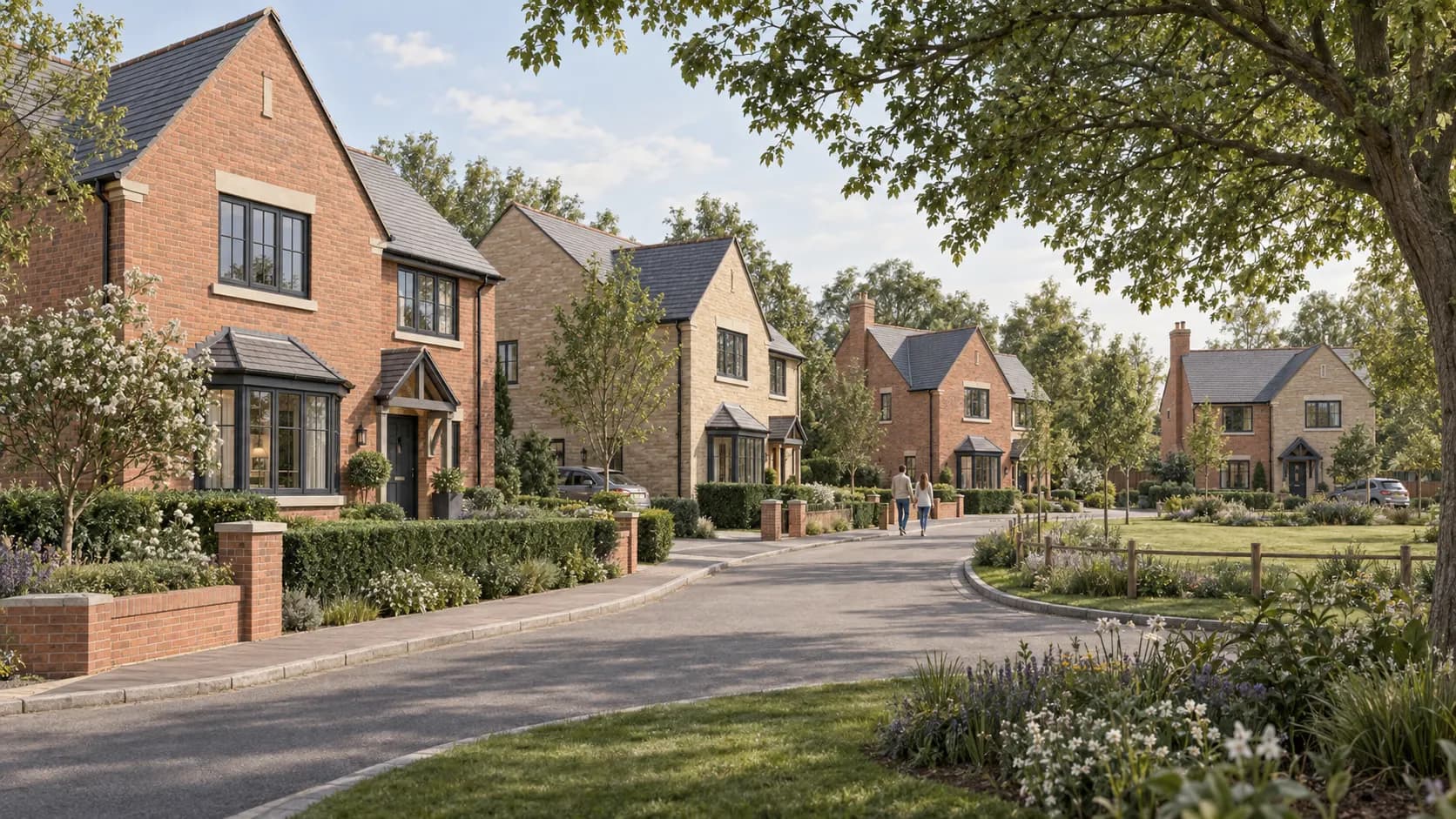 Meadow View concept street scene with detached brick and stone homes, pitched slate roofs and a landscaped shared green
